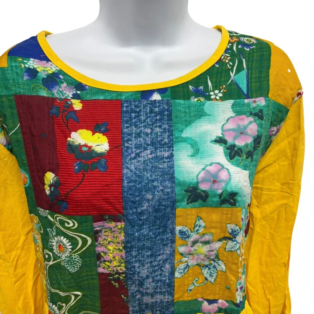 Yellow Patchwork Floral Lagenlook Tunic Top Long Sleeve Asymmetrical 2XL